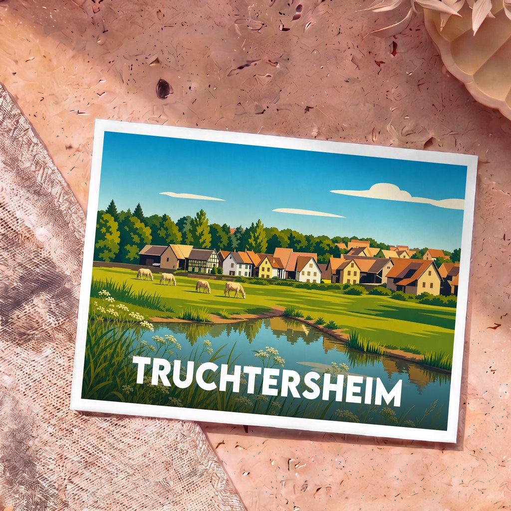 Carte postale souvenir de la ville de Truchtersheim illustrant un paysage de campagne alsacien stylisé avec des maisons à colombages et des chevaux.