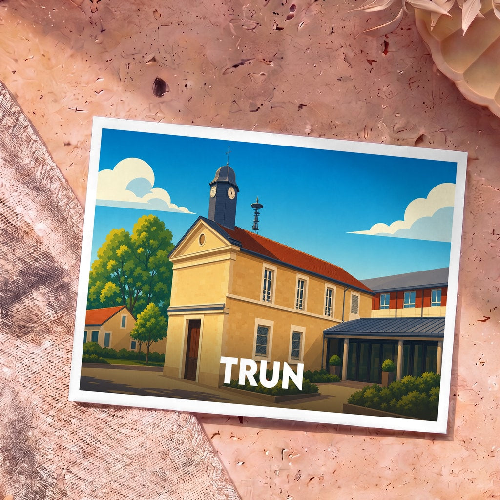 Carte postale souvenir de la ville de Trun avec une illustration stylisée d'un bâtiment historique.