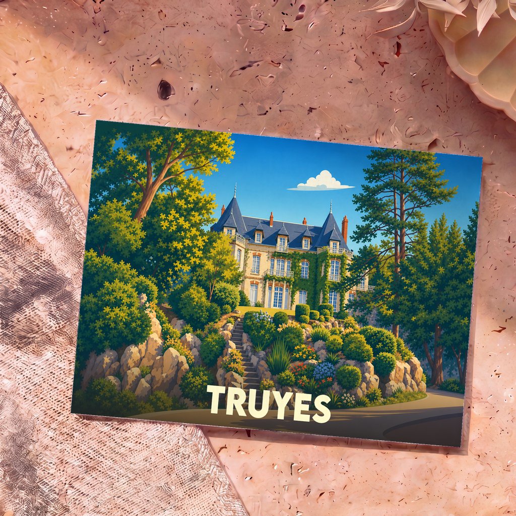 Carte postale souvenir de la ville de Truyes illustrant un château entouré de végétation dans un style coloré.