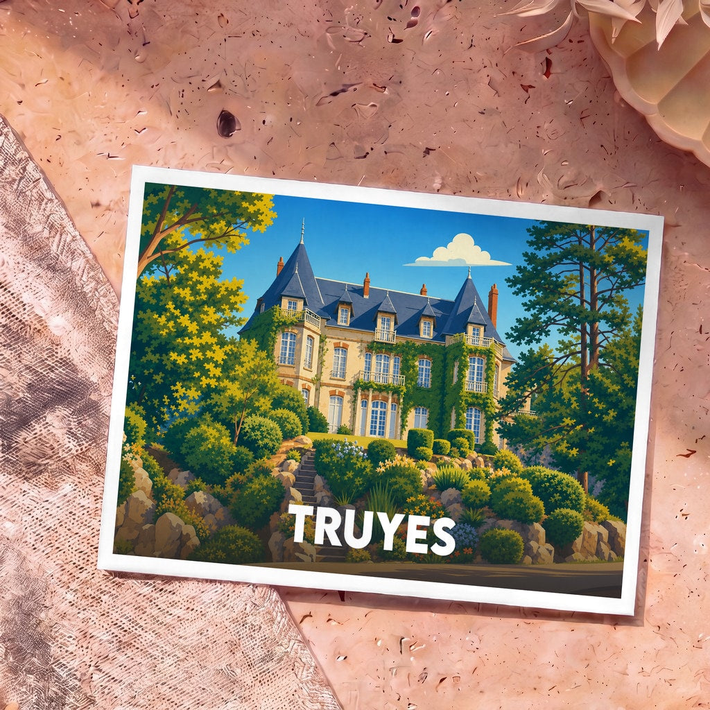 Carte postale souvenir de la ville de Truyes illustrant un château entouré de végétation dans un style coloré.