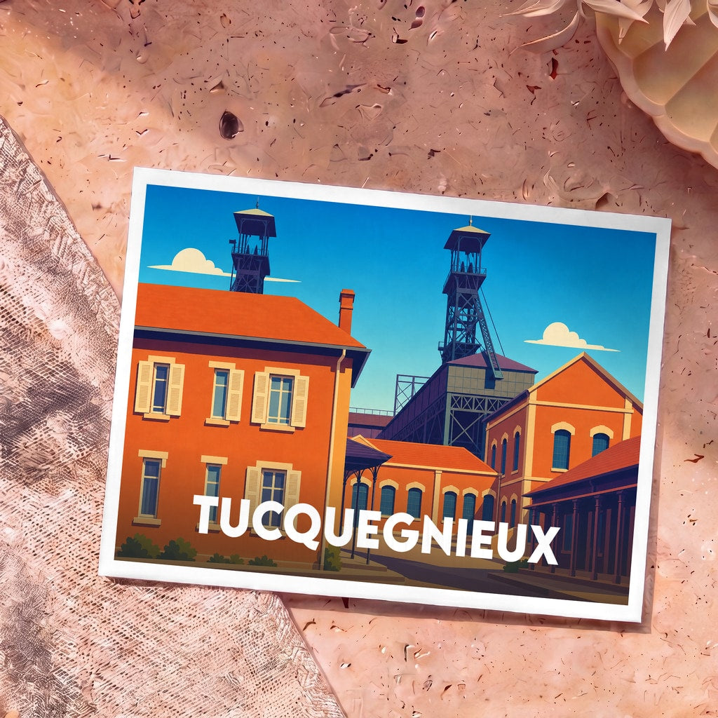 Carte postale souvenir de la ville de Tucquegnieux représentant les anciens puits de mine dans un style illustré.