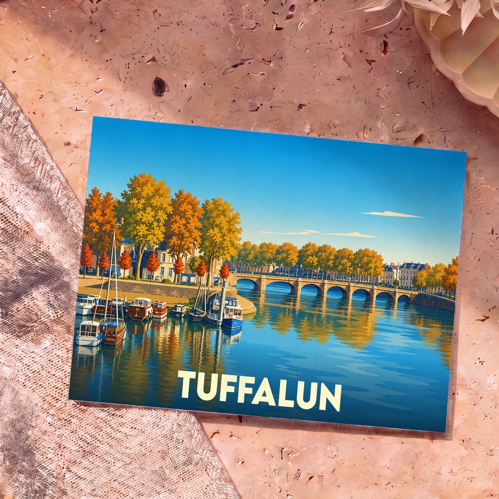 Carte postale souvenir de la ville de Tuffalun avec une illustration stylisée d'un paysage fluvial automnal.