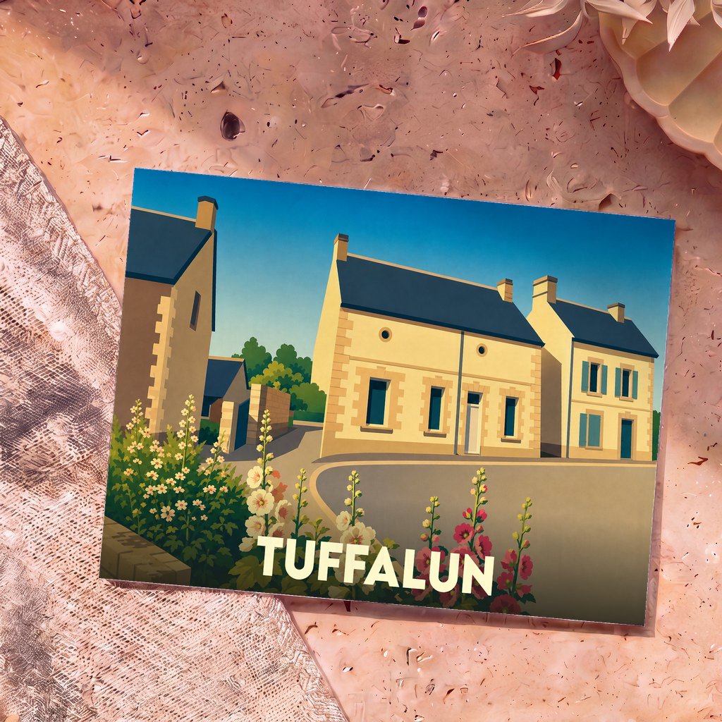 Carte postale souvenir de la ville de Tuffalun illustrant des maisons de village et des fleurs colorées dans un style épuré.