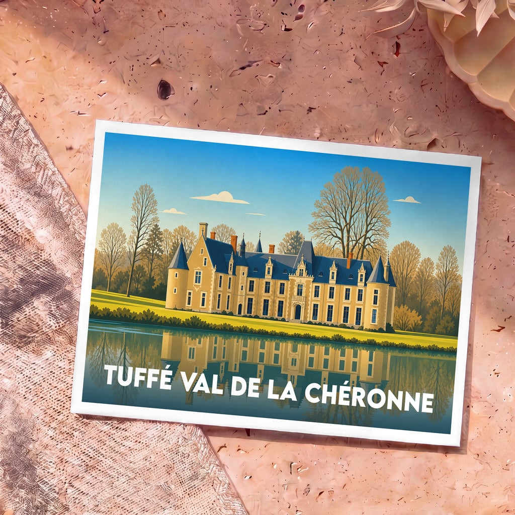 Carte postale souvenir de Tuffé Val de la Chéronne avec une illustration stylisée du château et de son reflet sur l'eau.