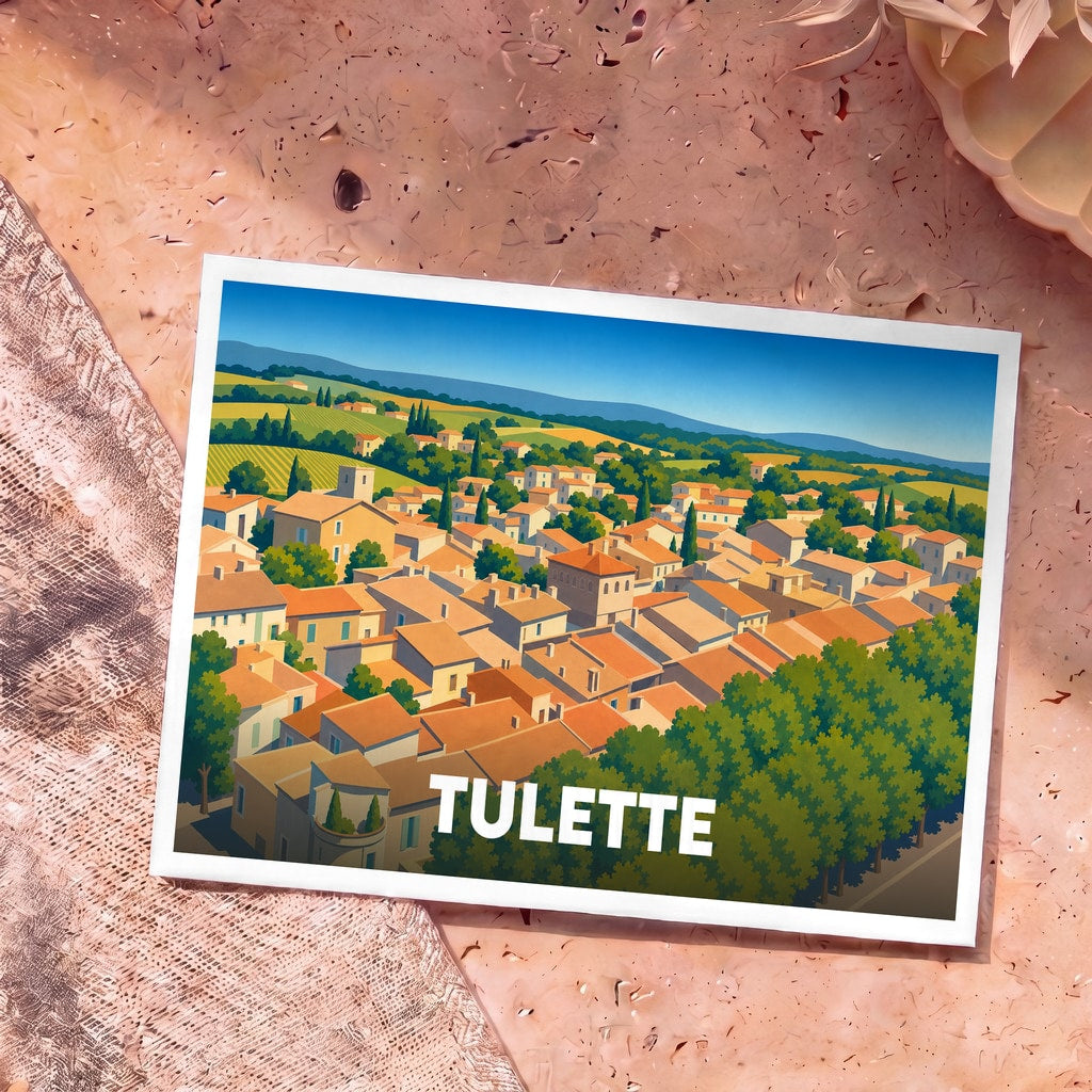 Carte postale souvenir de la ville de Tulette avec une illustration stylisée de ses toits provençaux et de ses paysages vallonnés.