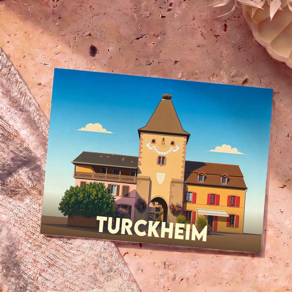 Carte postale souvenir de la ville de Turckheim avec une illustration stylisée de sa porte historique.