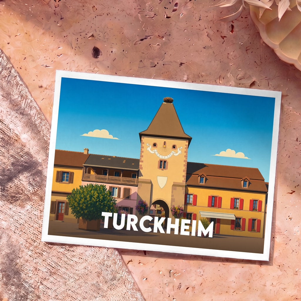 Carte postale souvenir de la ville de Turckheim avec une illustration stylisée de sa porte historique.