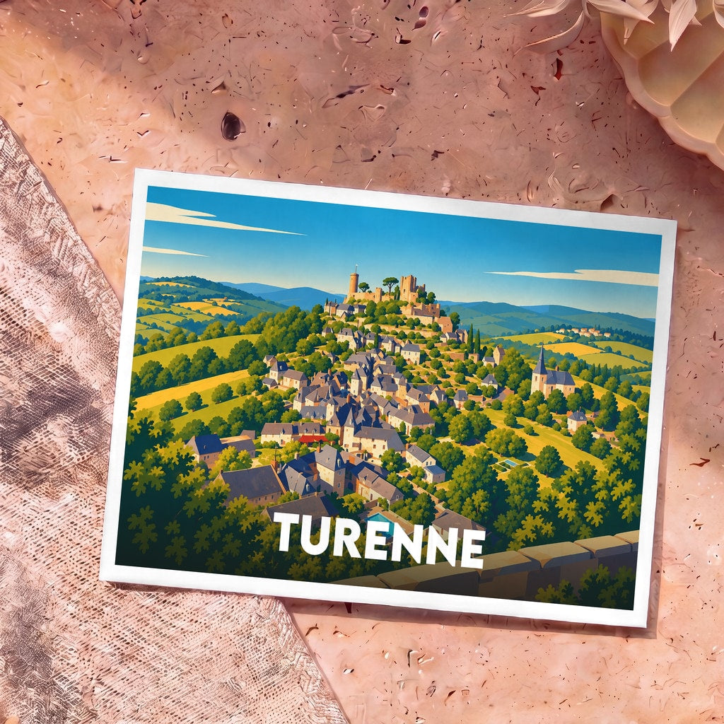 Carte postale souvenir de la ville de Turenne avec une illustration stylisée.