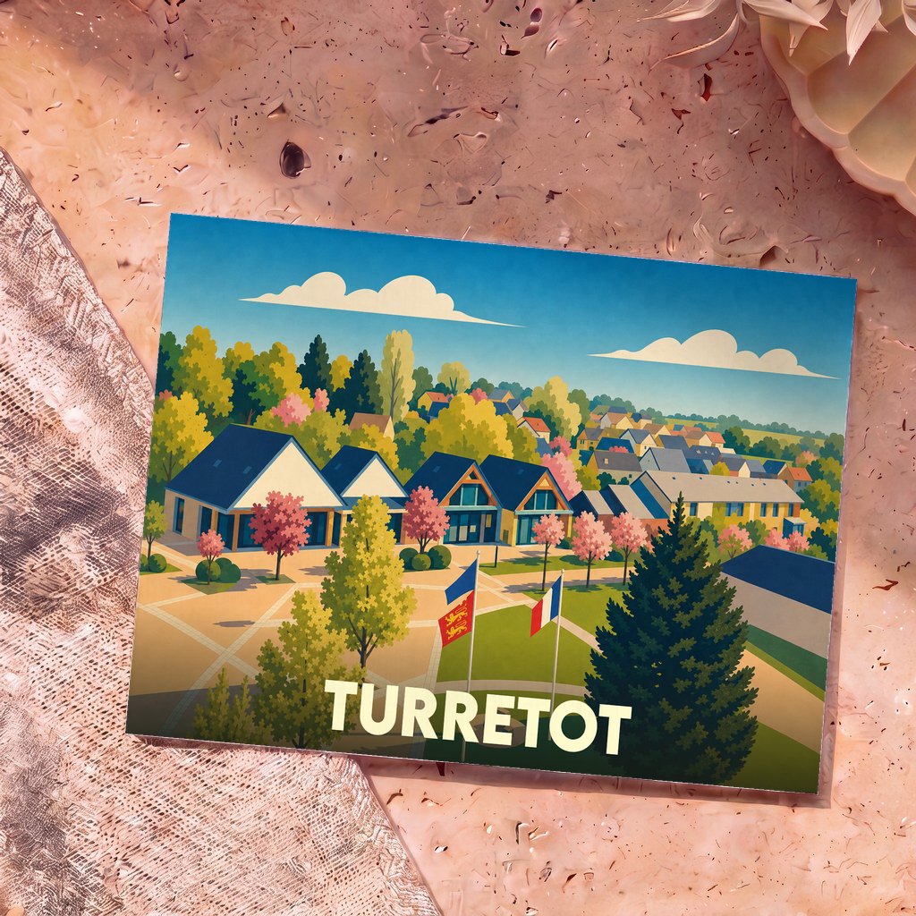 Carte postale souvenir de la ville de Turretot avec une illustration colorée et stylisée de ses paysages et habitations.