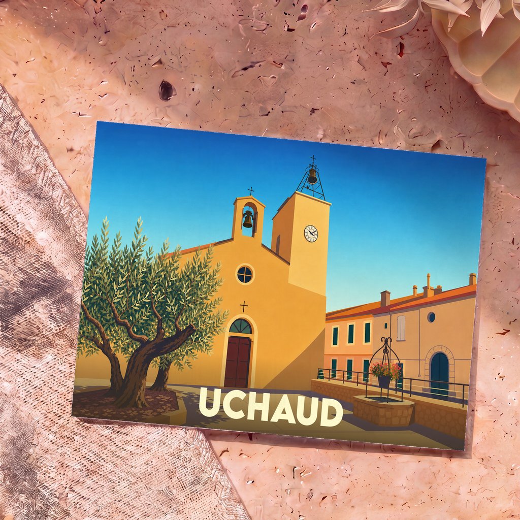 Carte postale souvenir de la ville d'Uchaud avec une illustration stylisée de son église et d'un olivier.
