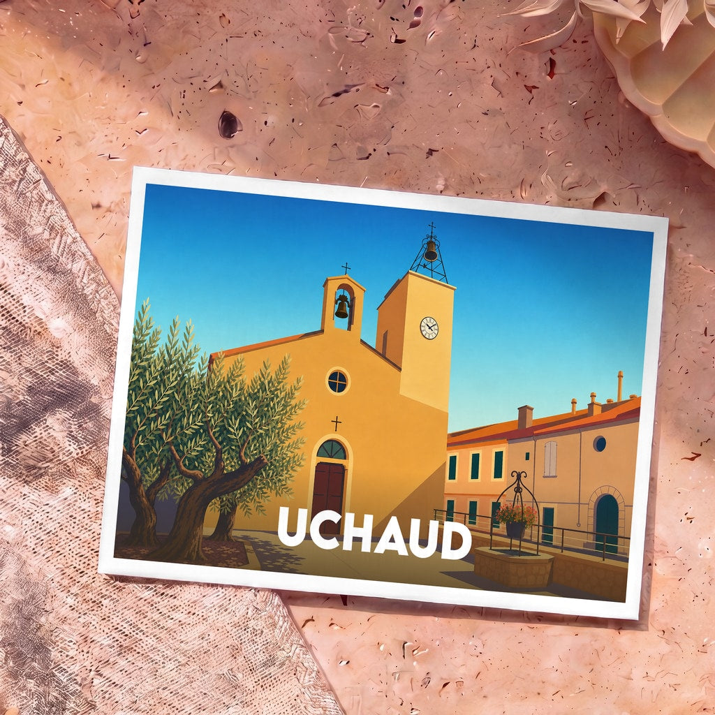 Carte postale souvenir de la ville d'Uchaud illustrant l'église Saint-Paul et un olivier dans un style épuré.