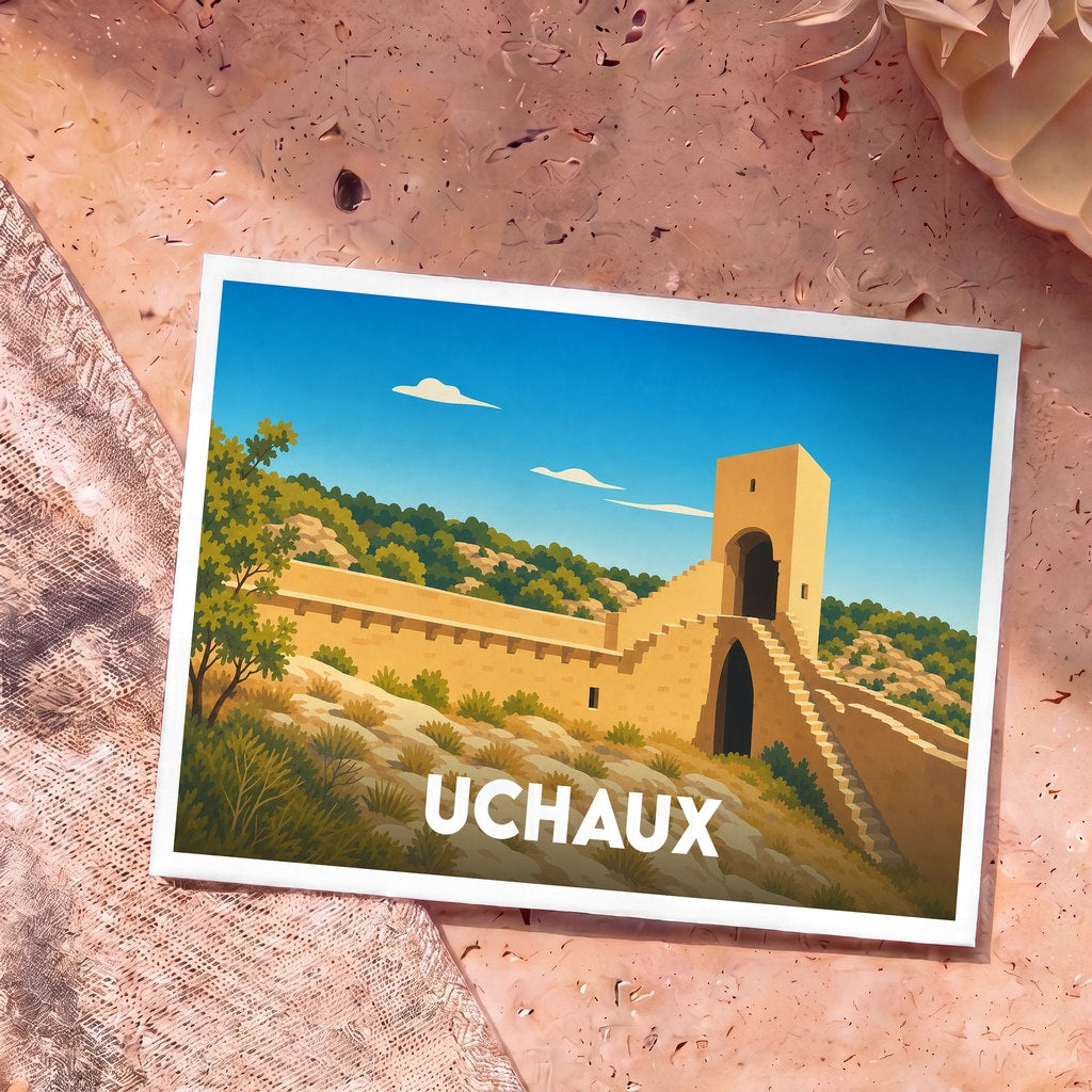 Carte postale souvenir de la ville d'Uchaux avec une illustration stylisée d'une muraille et d'une tour médiévale.