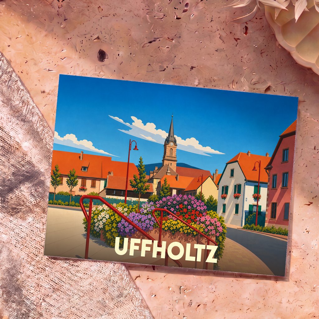 Carte postale souvenir de la ville d'Uffholtz avec une illustration stylisée et colorée.
