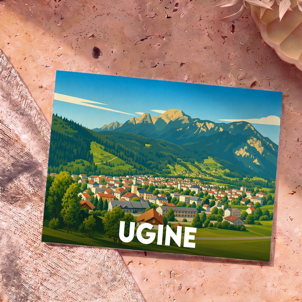 Carte postale souvenir de la ville d'Ugine avec une illustration stylisée de ses paysages montagneux.