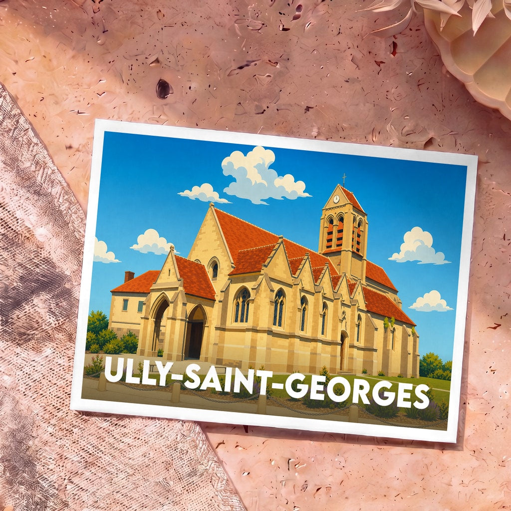Carte postale souvenir de la ville d'Ully-Saint-Georges avec une illustration stylisée de son église sous un ciel bleu.
