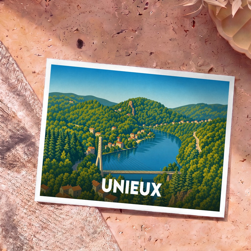 Carte postale souvenir de la ville de Unieux avec une illustration stylisée représentant son pont et le fleuve entouré de collines verdoyantes.