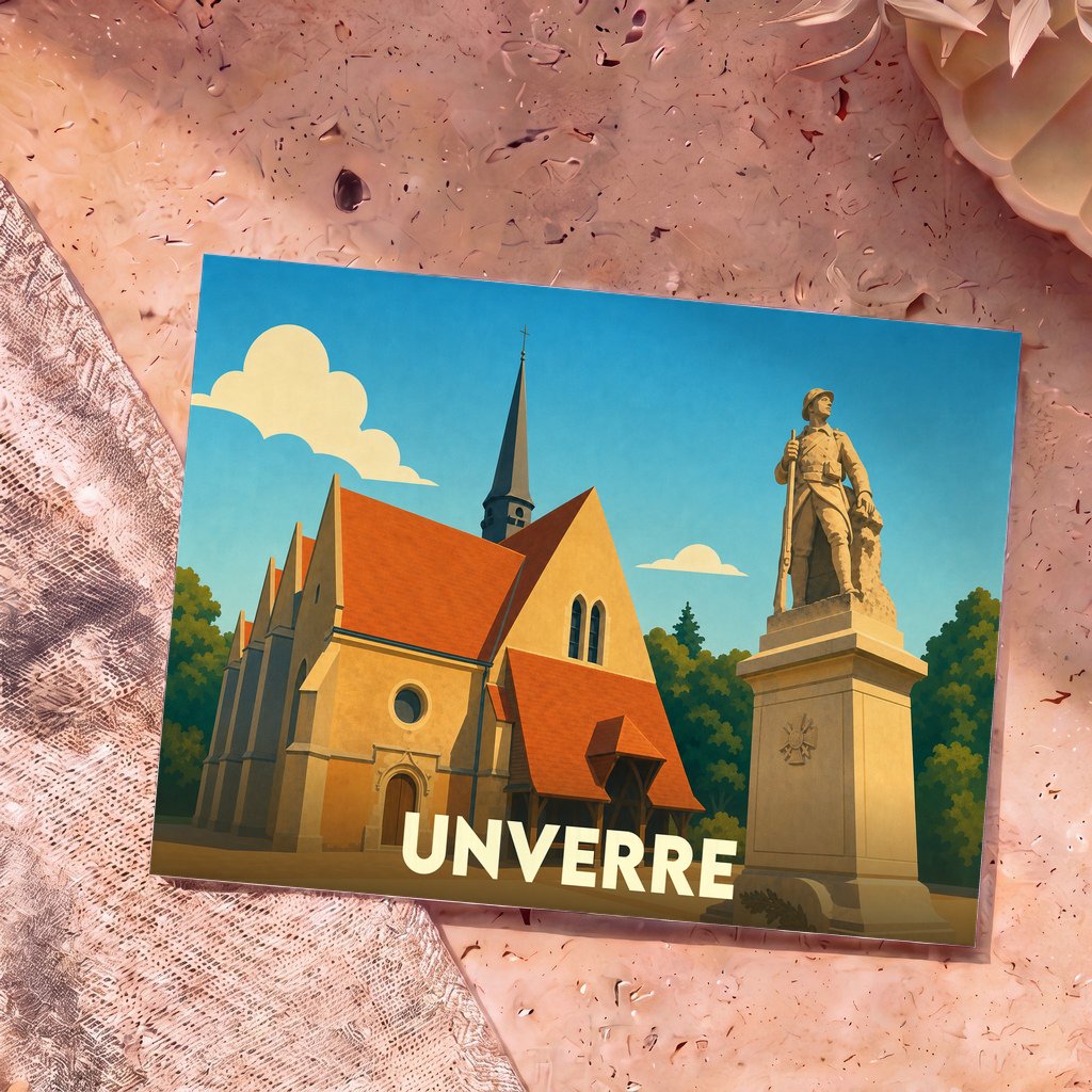 Carte postale souvenir de la ville d'Unverre avec une illustration stylisée d'une église et d'un monument.
