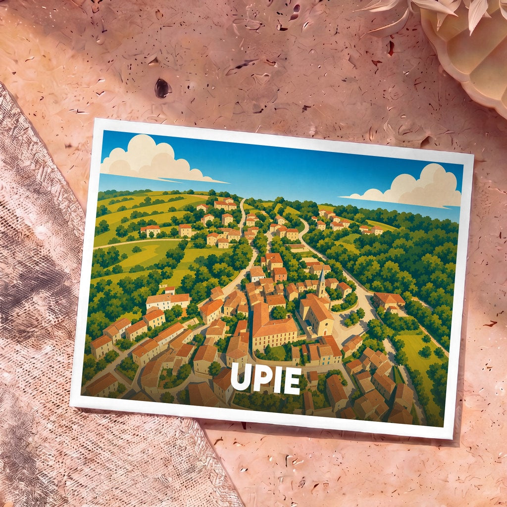 Carte postale souvenir de la ville d'Upie avec une illustration stylisée vue du ciel.