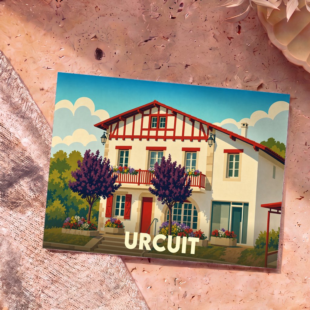 Carte postale souvenir de la ville d'Urcuit avec une illustration stylisée d'une maison basque traditionnelle.