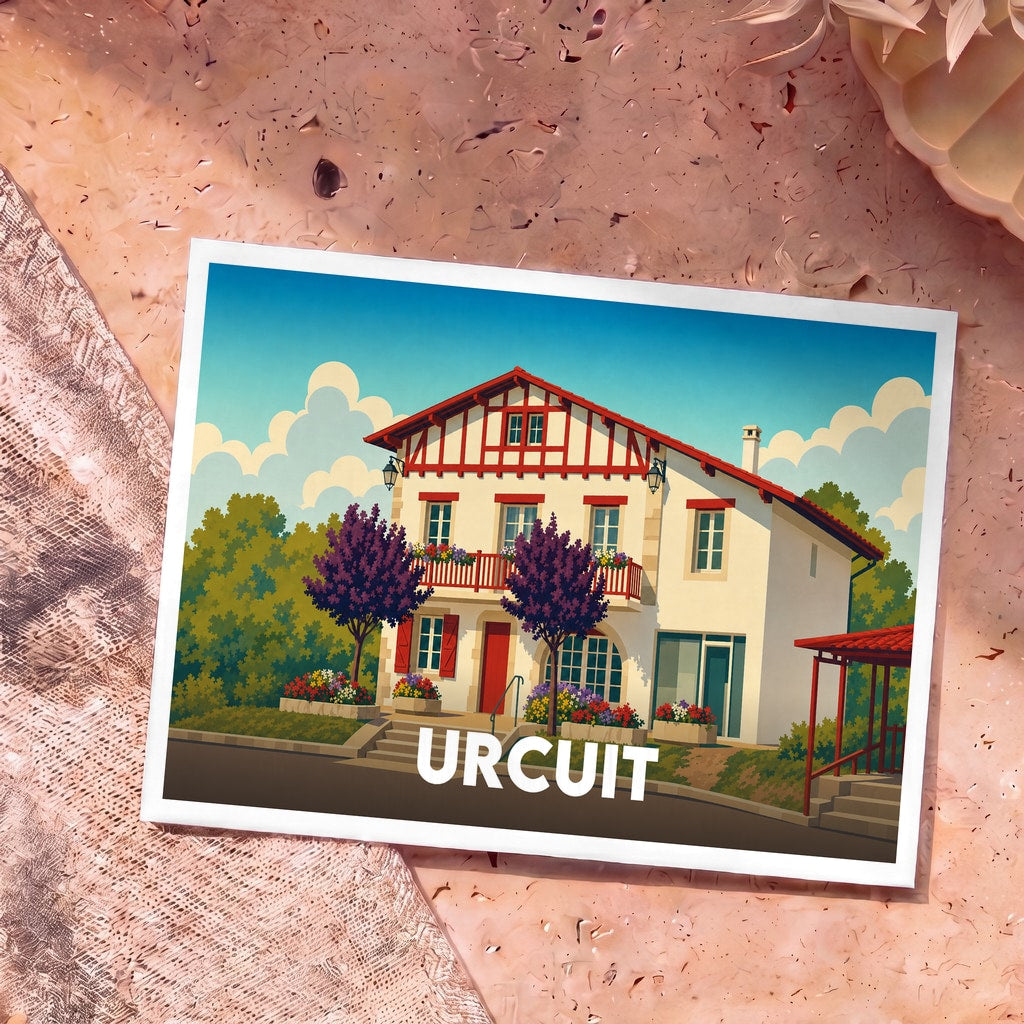 Carte postale souvenir de la ville d'Urcuit avec une illustration stylisée d'une maison basque traditionnelle.