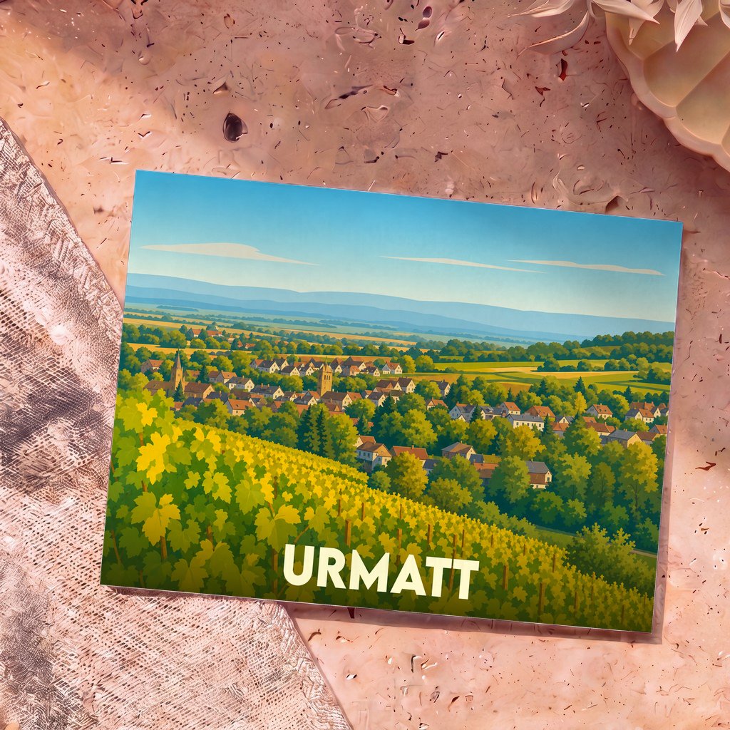Carte postale souvenir de la ville d'Urmatt illustrant un paysage de vignobles et de village avec un style graphique épuré.