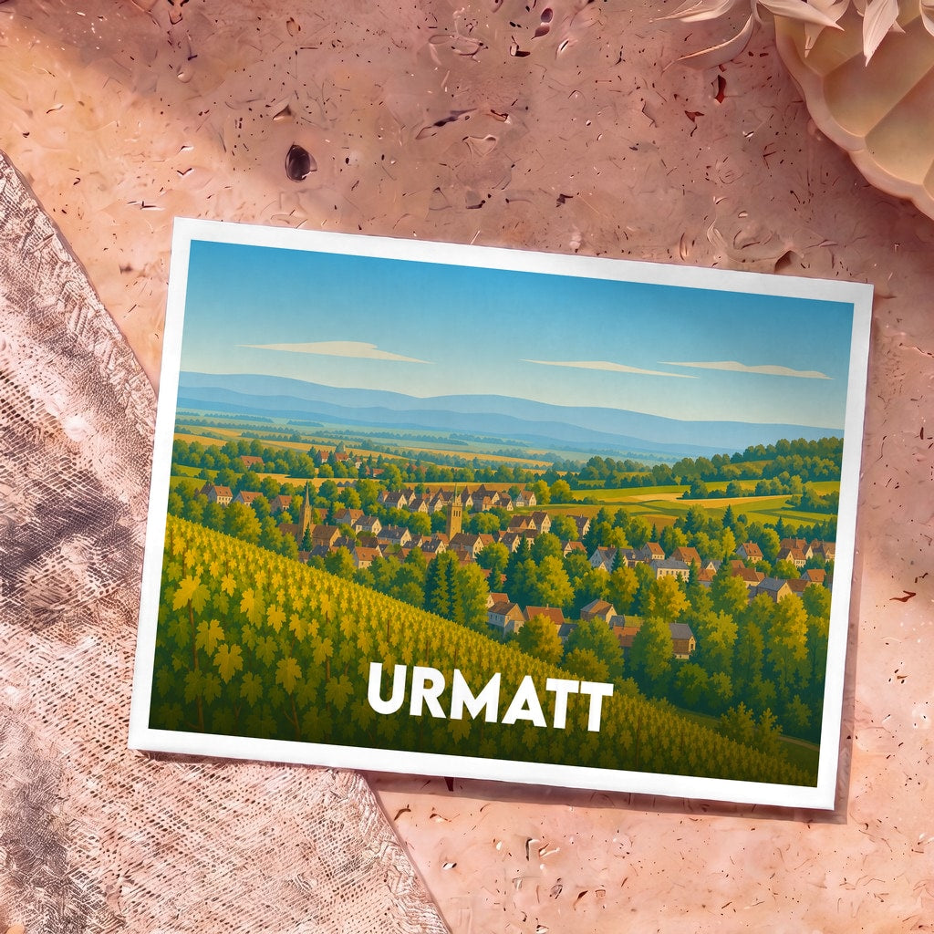 Carte postale souvenir de la ville d'Urmatt illustrant un paysage de vignobles et de village avec un style graphique épuré.