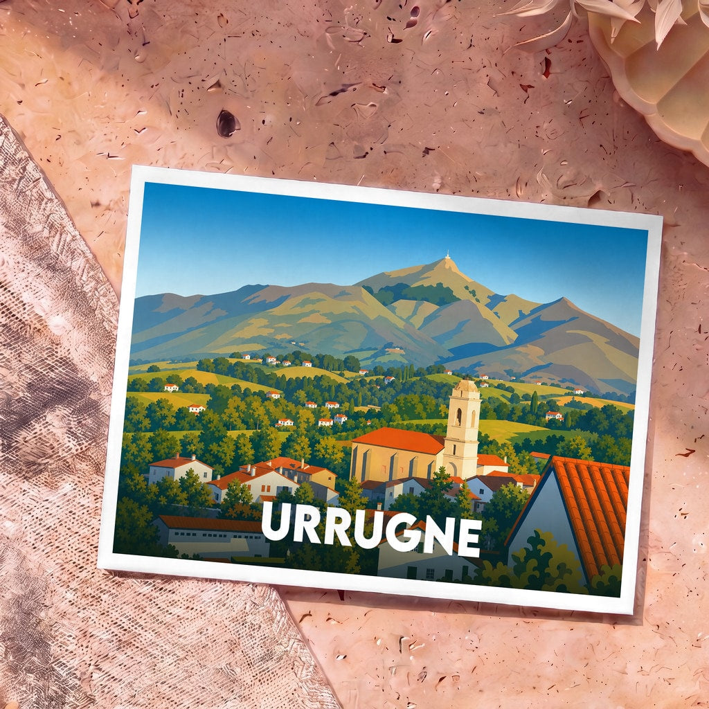Carte postale souvenir de la ville d'Urrugne illustrant son église et les montagnes basques dans un style graphique épuré.