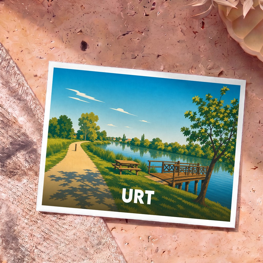 Carte postale souvenir de la ville de Urt avec une illustration stylisée d'un bord de rivière paisible.
