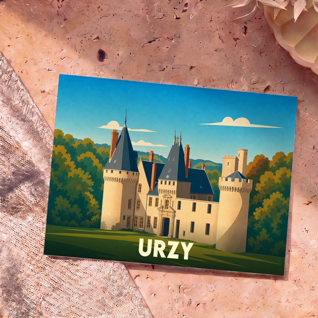 Carte postale souvenir de la ville d'Urzy avec une illustration stylisée de son château.