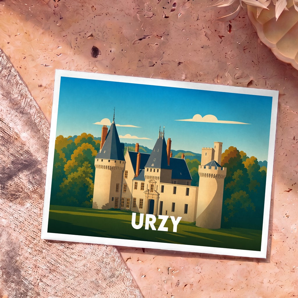 Carte postale souvenir de la ville d'Urzy avec une illustration stylisée de son château.
