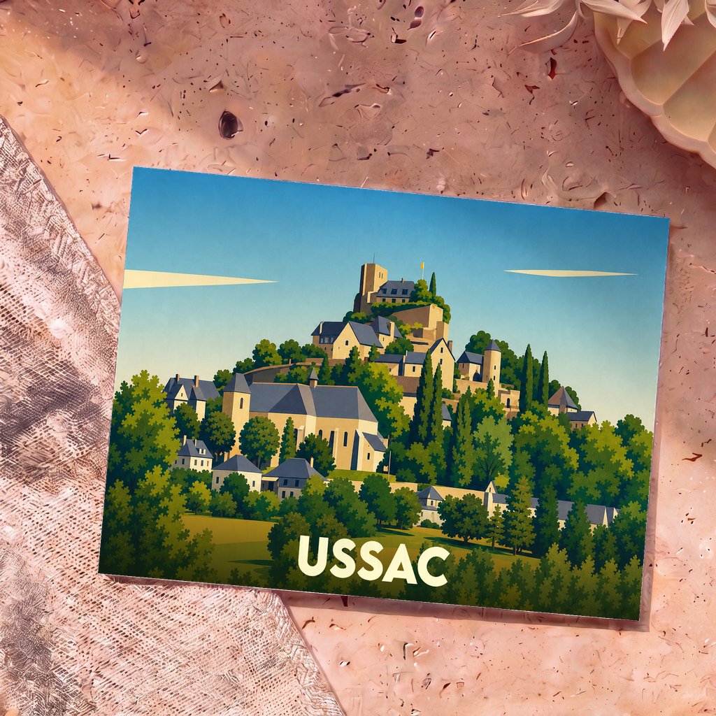 Carte postale souvenir de la ville d'Ussac avec une illustration stylisée d'un village médiéval perché.