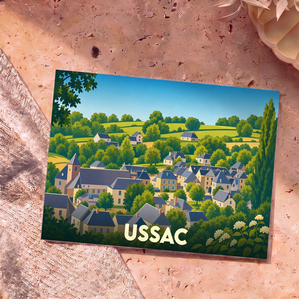 Carte postale souvenir de la ville d'Ussac présentant une illustration stylisée d'un village vallonné.