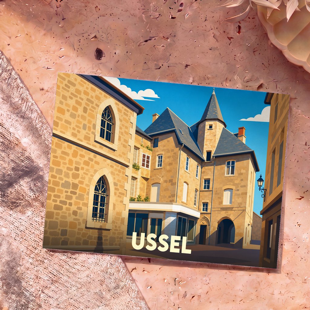 Carte postale souvenir de la ville d'Ussel avec une illustration stylisée de ses bâtiments historiques en pierre.