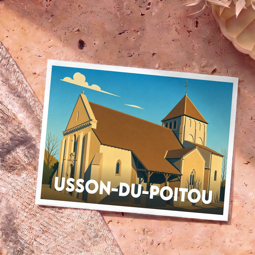 Carte postale souvenir de la ville d'Usson-du-Poitou avec une illustration stylisée de son église romane.