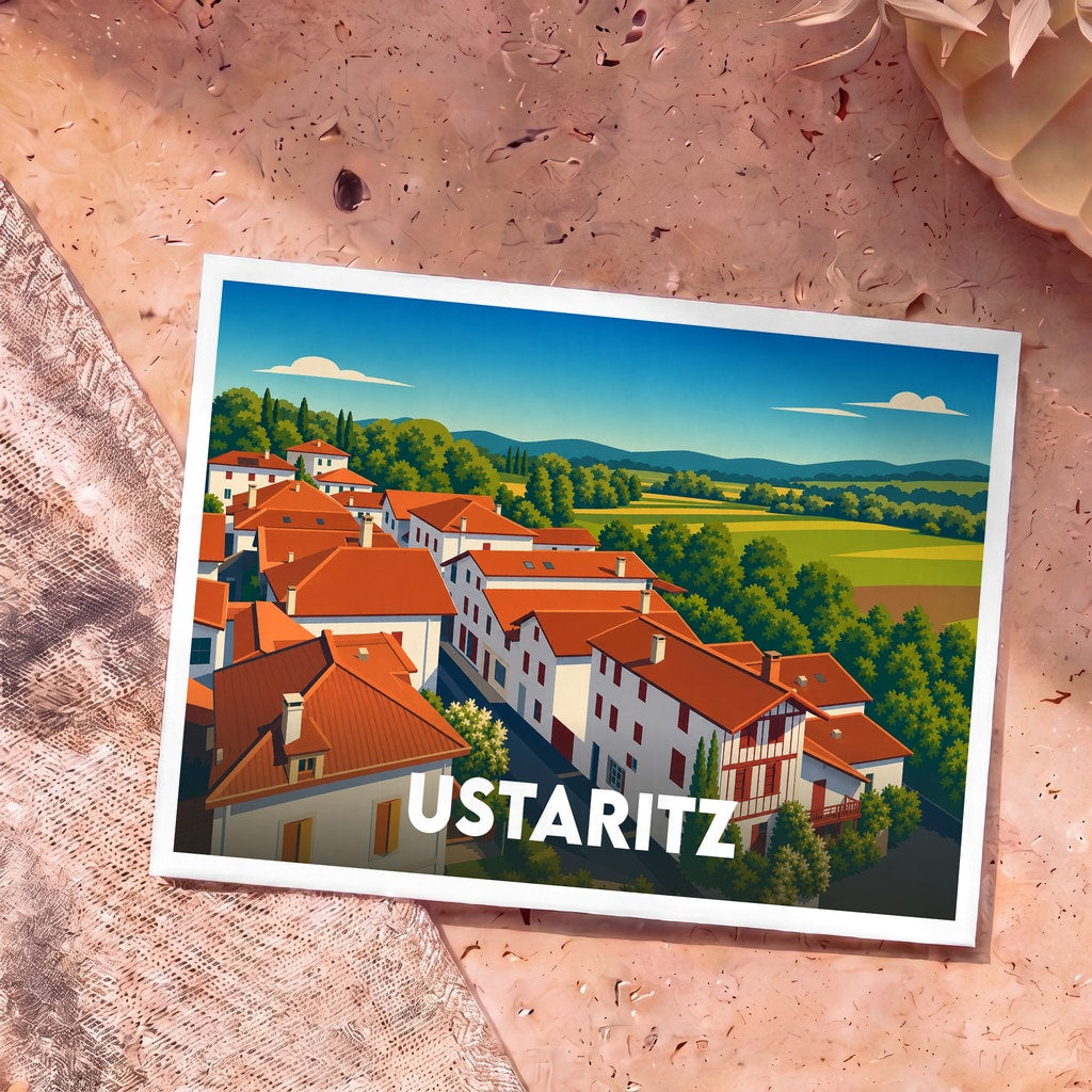 Carte postale souvenir de la ville d'Ustaritz avec une illustration stylisée de ses maisons basques typiques.