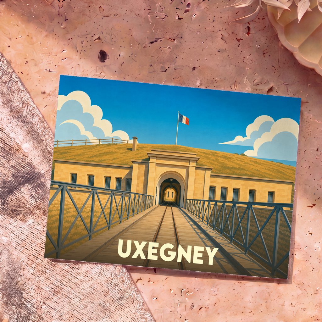 Carte postale souvenir du fort d'Uxegney avec une illustration stylisée montrant l'entrée du site sous un drapeau français.