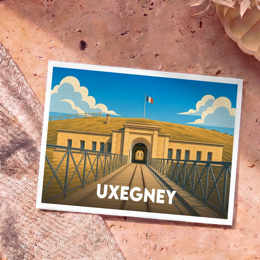 Carte postale souvenir du fort d'Uxegney avec une illustration stylisée montrant l'entrée du site sous un drapeau français.