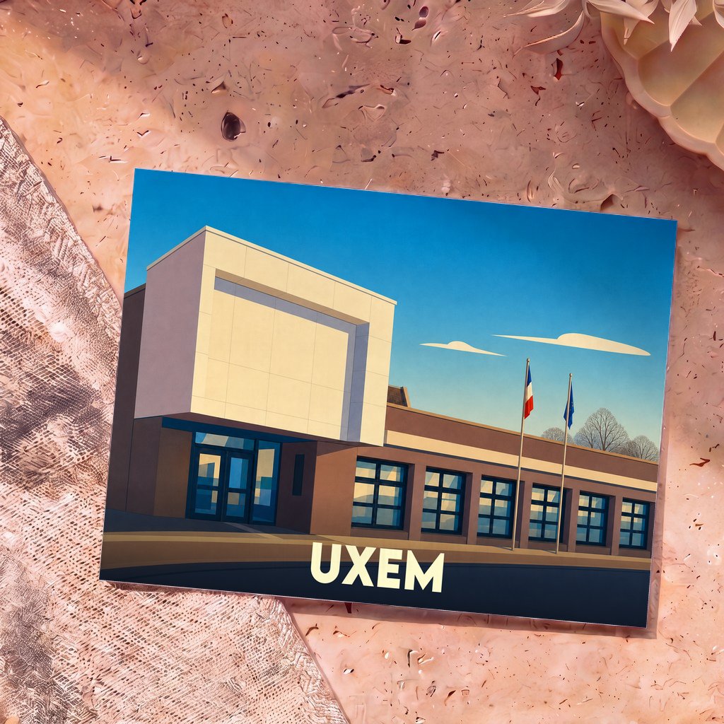 Carte postale souvenir de la ville d'Uxem avec une illustration stylisée de sa mairie.
