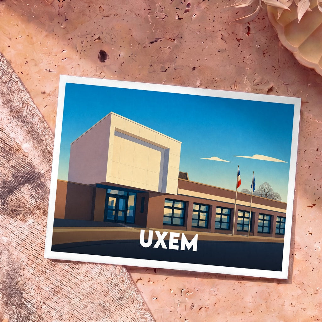 Carte postale souvenir de la ville d'Uxem avec une illustration stylisée de sa mairie.