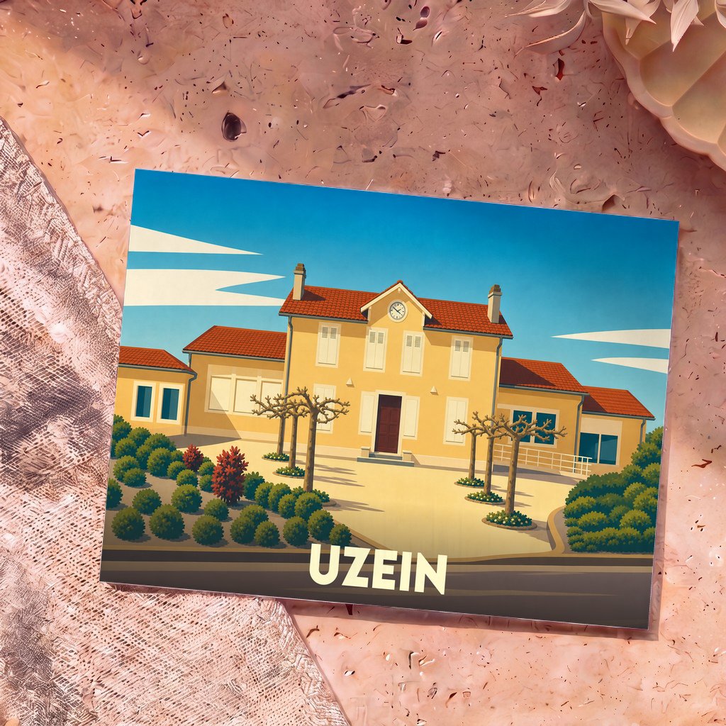 Carte postale souvenir de la ville d'Uzein avec une illustration stylisée de sa mairie.