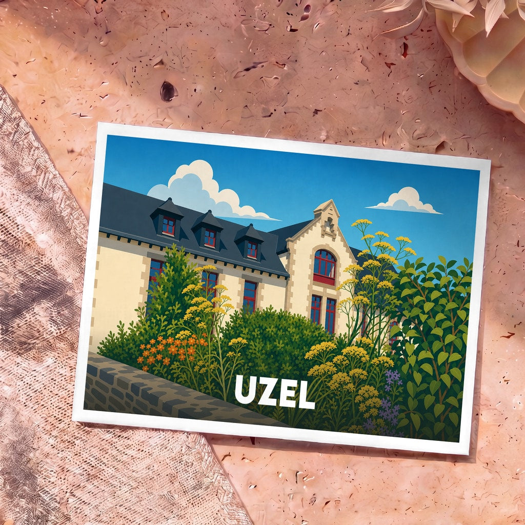 Carte postale souvenir de la ville d'Uzel avec une illustration stylisée de son architecture et de sa végétation fleurie.