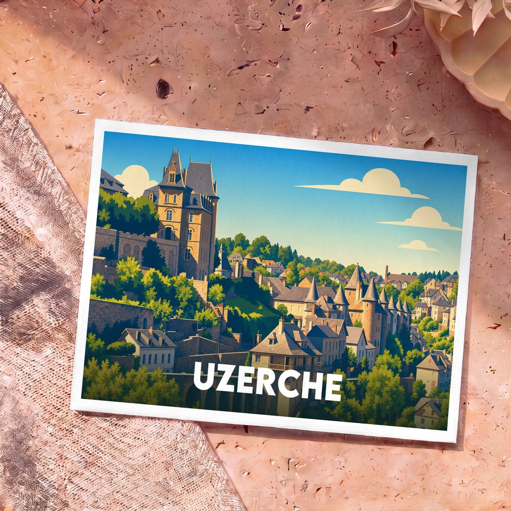 Carte postale souvenir de la ville d'Uzerche avec une illustration stylisée de ses bâtiments médiévaux.