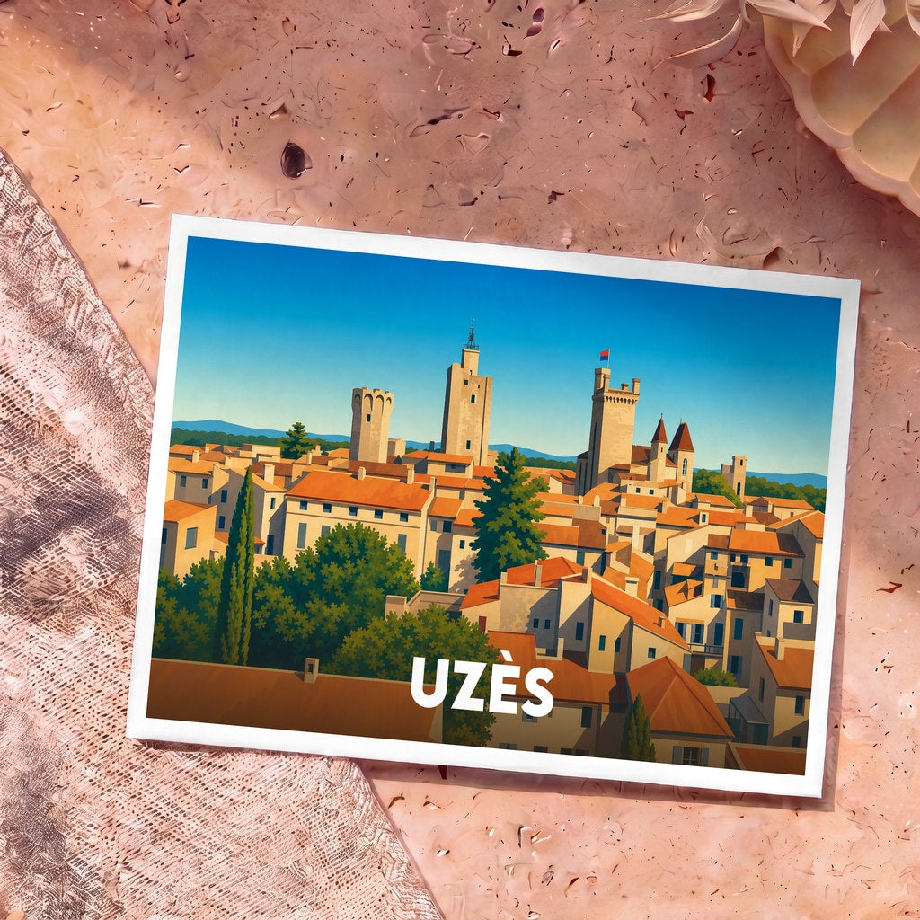 Carte postale souvenir de la ville d'Uzès présentant une illustration stylisée de ses toits et de ses tours emblématiques.