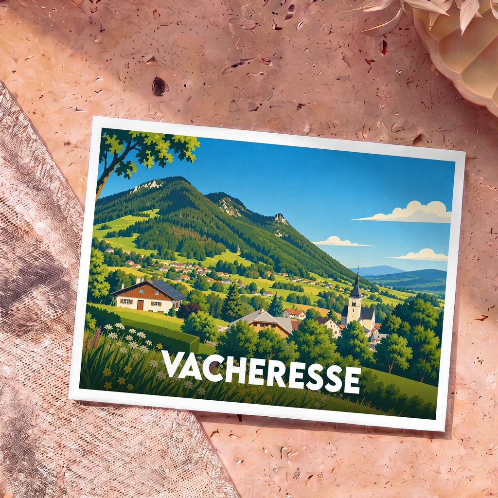 Carte postale souvenir de la ville de Vacheresse avec une illustration stylisée d'un paysage montagneux.