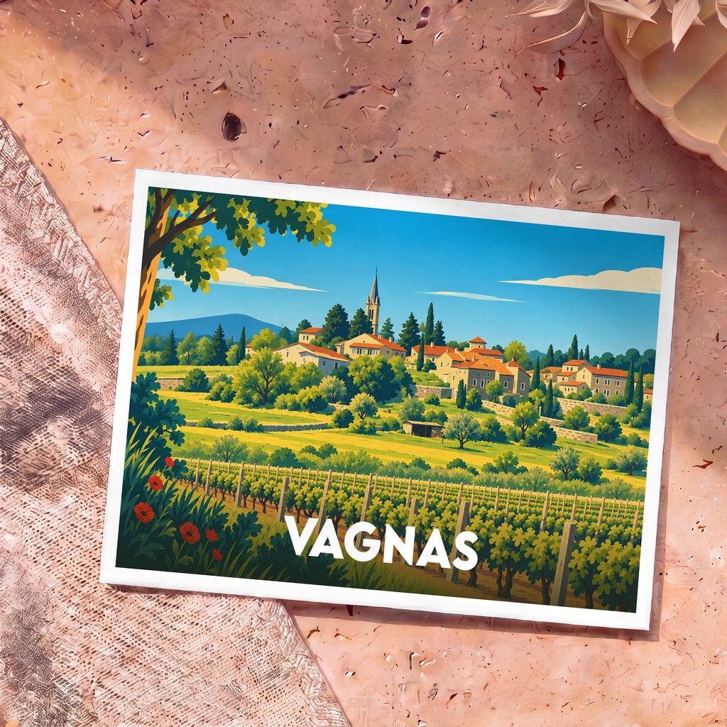Carte postale souvenir de la ville de Vagnas avec une illustration stylisée de son paysage provençal et ses vignobles.