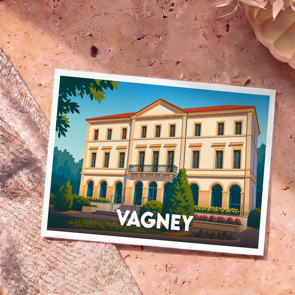 Carte postale souvenir de la ville de Vagney avec une illustration stylisée de l'hôtel de ville.