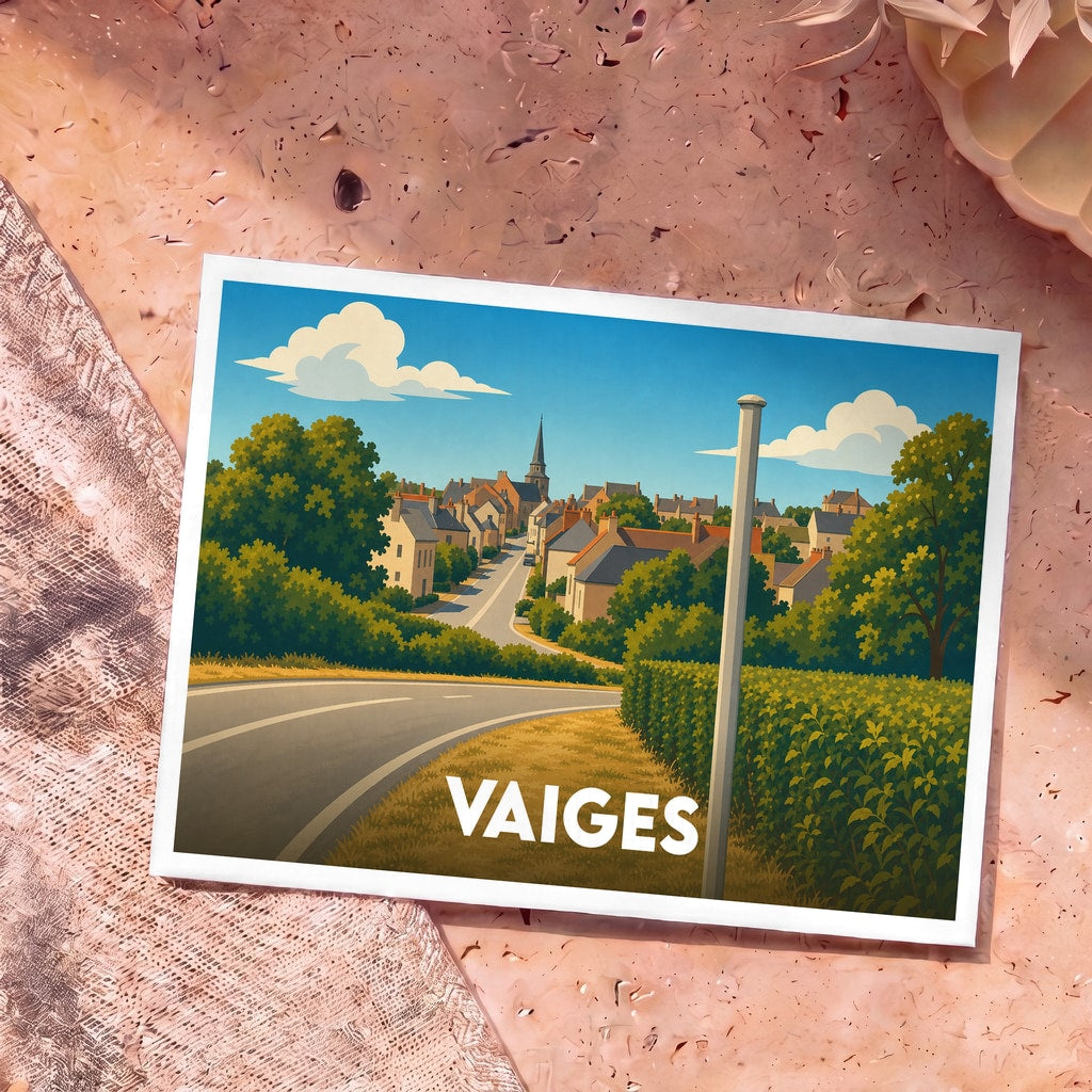 Carte postale souvenir de la ville de Vaiges avec une illustration stylisée d'une route menant au village.