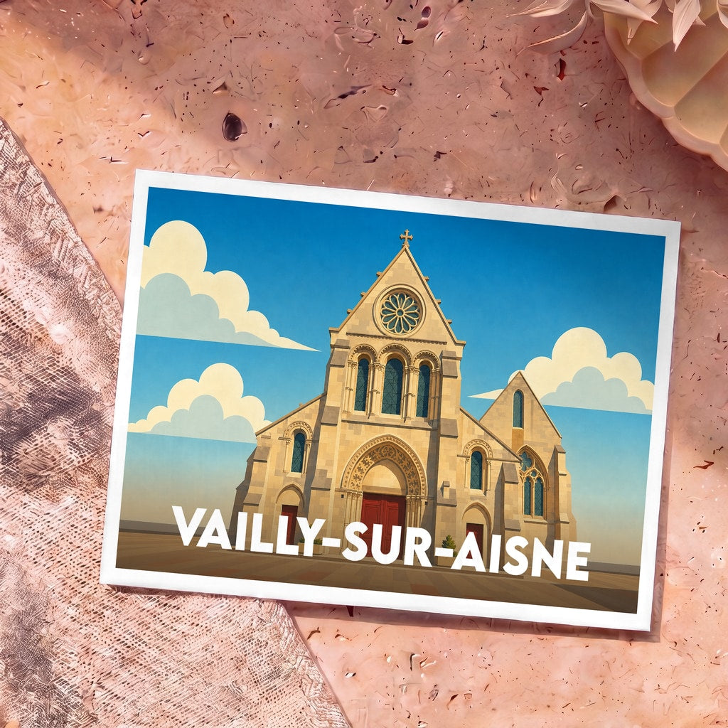 Carte postale souvenir de la ville de Vailly-sur-Aisne avec une illustration stylisée de son église.