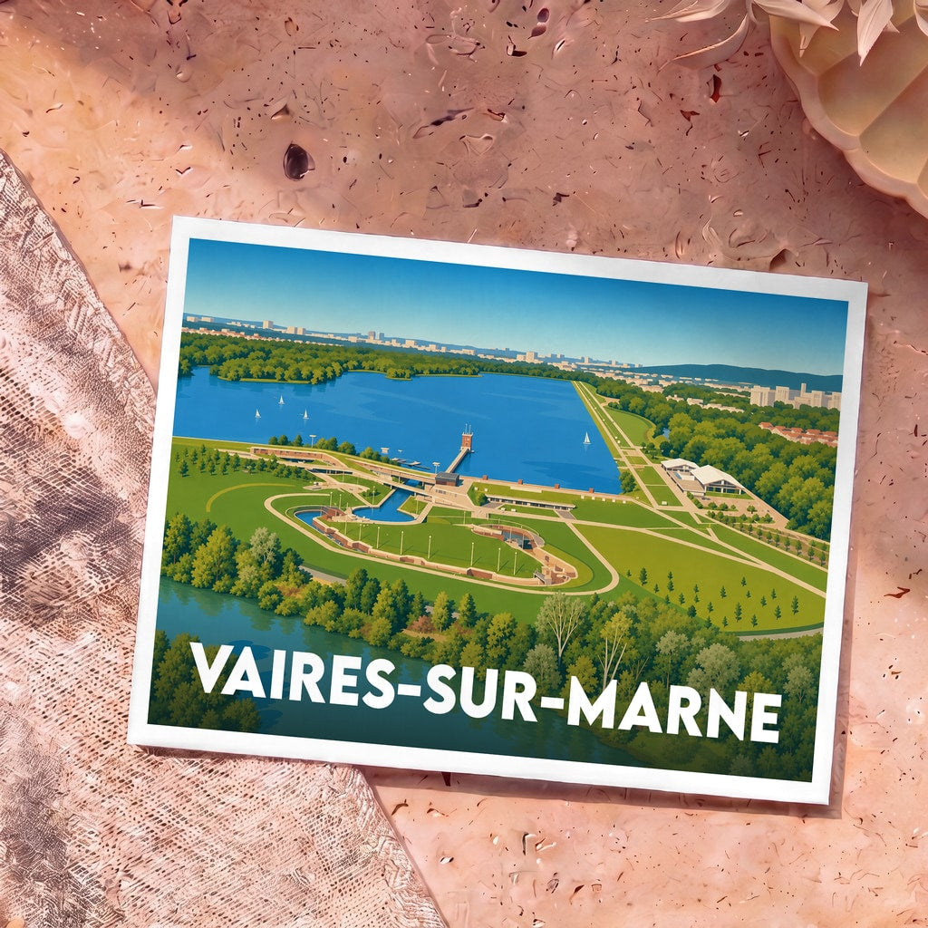 Carte postale souvenir de la ville de Vaires-sur-Marne illustrant son stade nautique olympique.