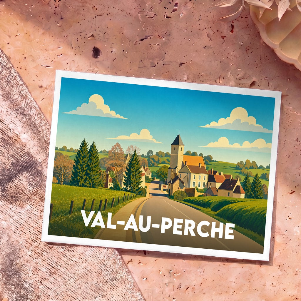 Carte postale souvenir de la ville de Val-au-Perche avec une illustration stylisée d'un village rural.
